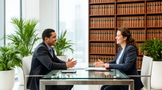 Notaire et client en discussion dans une étude notariale lumineuse