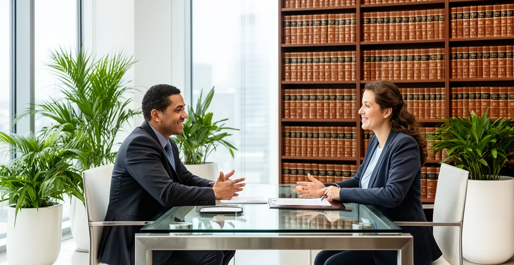 Notaire et client en discussion dans une étude notariale lumineuse