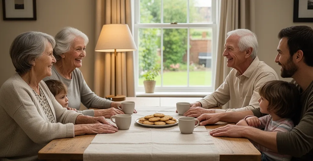 Famille réunie autour d'une table pour discuter de questions patrimoniales