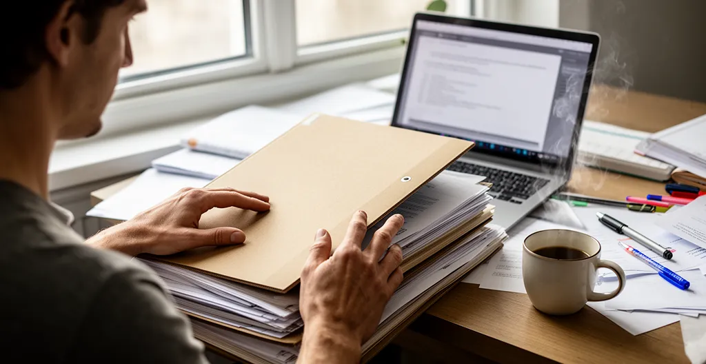 Personne organisant des dossiers sur un bureau à domicile