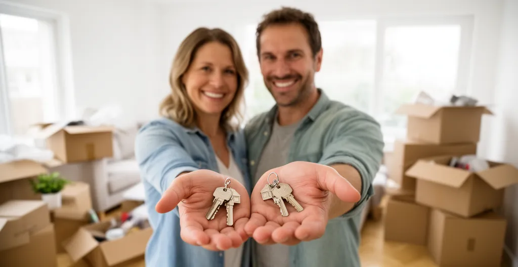 Couple recevant les clés de leur nouveau logement dans un salon lumineux