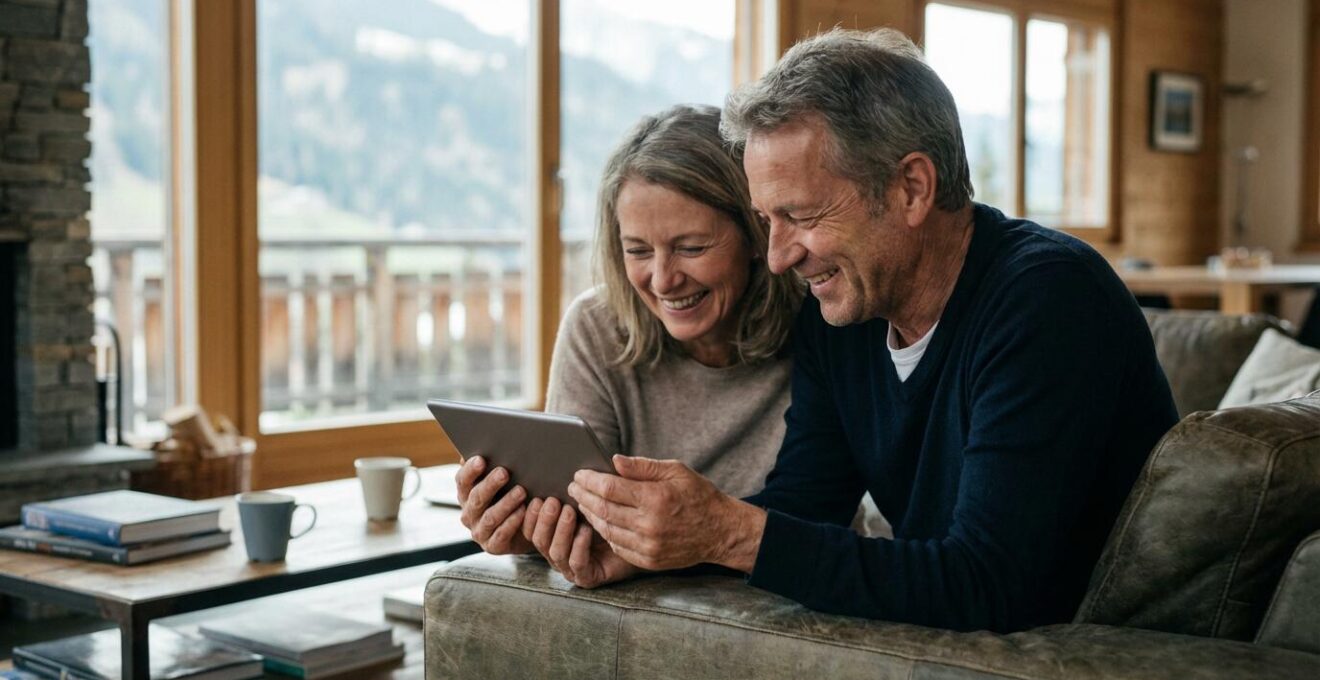 Couple consultant une estimation immobilière sur tablette dans un salon suisse moderne