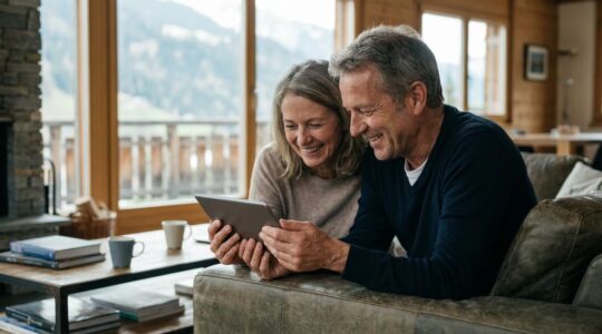 Couple consultant une estimation immobilière sur tablette dans un salon suisse moderne