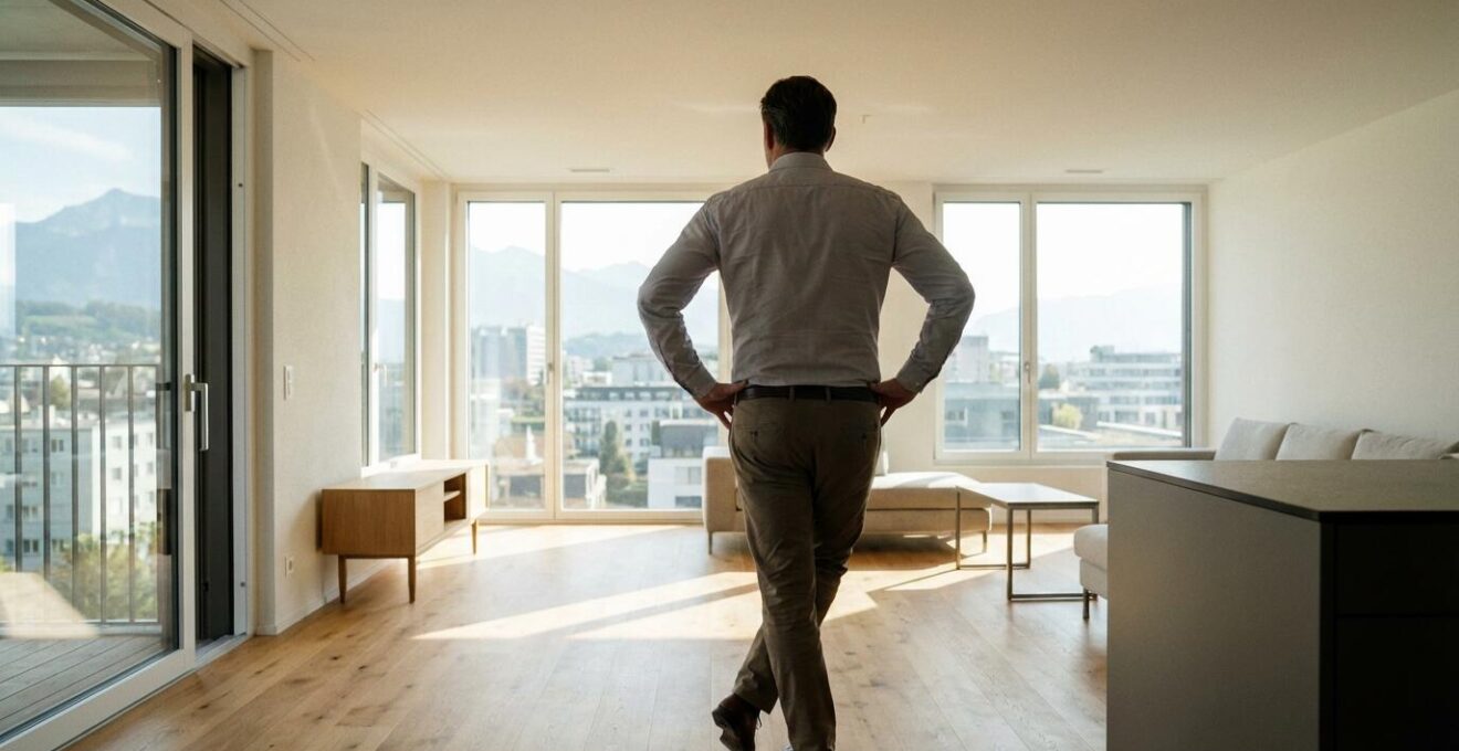 Expert immobilier observant une pièce lors d'une évaluation sur place en Suisse