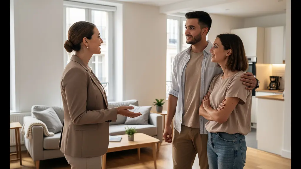 Gestionnaire locatif effectuant une visite d'appartement avec un couple de locataires