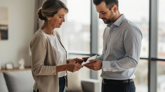 Propriétaire française discutant avec gestionnaire locatif dans un appartement lumineux