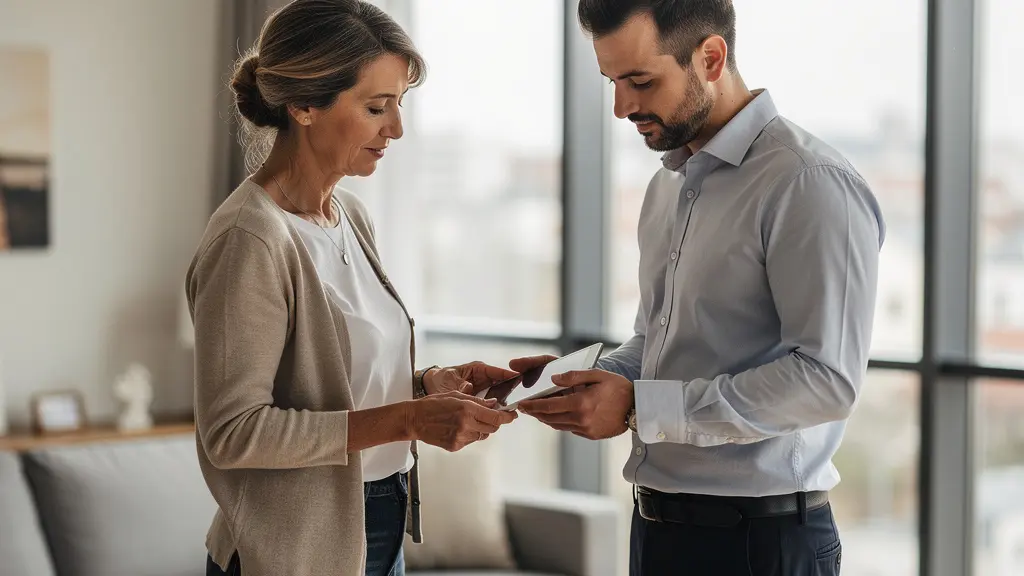 Propriétaire française discutant avec gestionnaire locatif dans un appartement lumineux