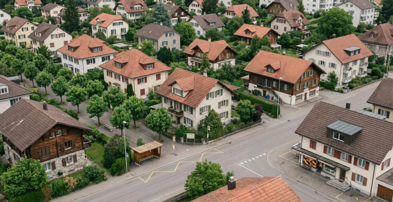 Vue aérienne d'un quartier résidentiel suisse illustrant les critères d'emplacement pour estimation immobilière